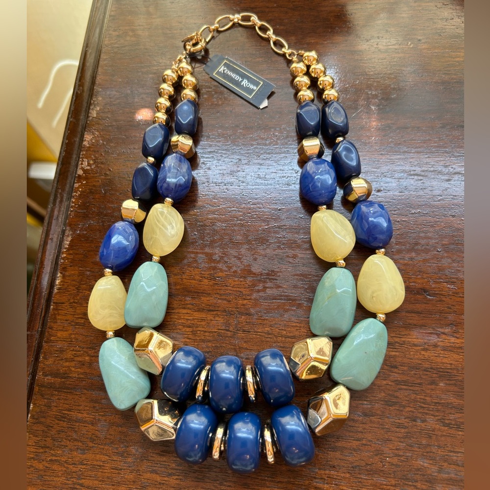 Kennedy Row Blue, Gold & Yellow Double-Strand Chunky Metal & Plastic Necklace